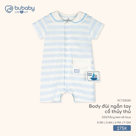 BuBaby - Body đùi ngắn tay cổ thủy thủ - Trắng kem kẻ Blue - 9-12M - SS26.T3A