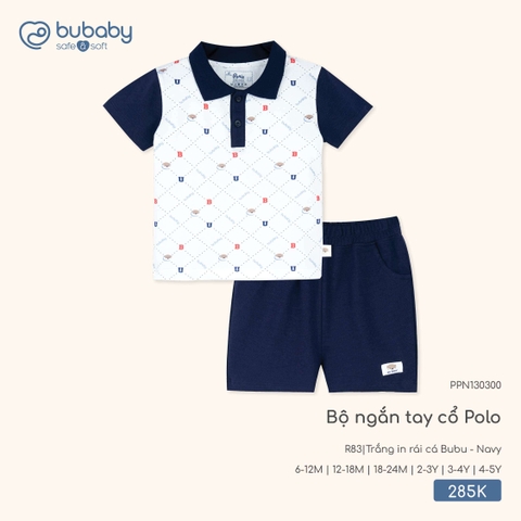 BuBaby - Bộ ngắn tay cổ Polo - Trắng in rái cá Bubu + Navy - 4-5Y - SS26.T3B
