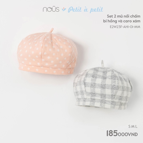 NOUS - Set 2 mũ nồi chấm bi hồng và caro xám - Nu Petit - S - ZTD