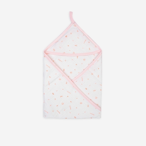 BU - Chăn ủ có mũ Muslin - Free size - Trắng in Bubaby hồng cam - AMU081700.FREB11