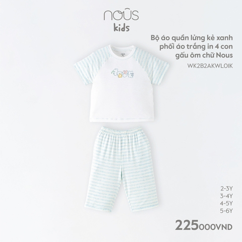 NOUS S30 - Bộ áo quần lửng kẻ xanh phối áo trắng in 4 con gấu ôm chữ NOUS S30 - con gấu ôm chữ NOUS S30 - 2-3Y