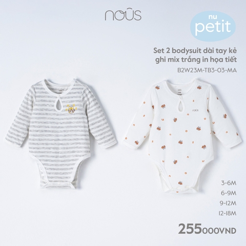 NOUS NP25 - Set 2 body dài tay kẻ ghi mix trắng in họa tiết - Nu Petit - 12M - SS23.T11B - Set 2 body dài tay kẻ ghi mix trắng in họa tiết - .ắng in họa tiết - 12-18M