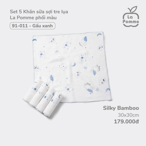 LP - K001 Set 5 Khăn sữa sợi tre lụa La Pomme phối màu (30x30cm) - Gấu xanh - SS24_T1A