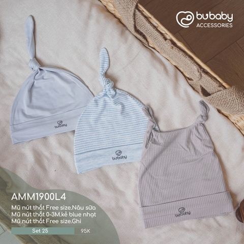 BU - Set 25 - Mũ nút thắt Free size.Nâu sữa | Mũ nút thắt 0 - 3M.kẻ blue nhạt | Mũ nút thắt Free size.Ghi - MIX|Mix màu - Mix chất liệu - Mix size - AMM1900L4 - SS24.T3A