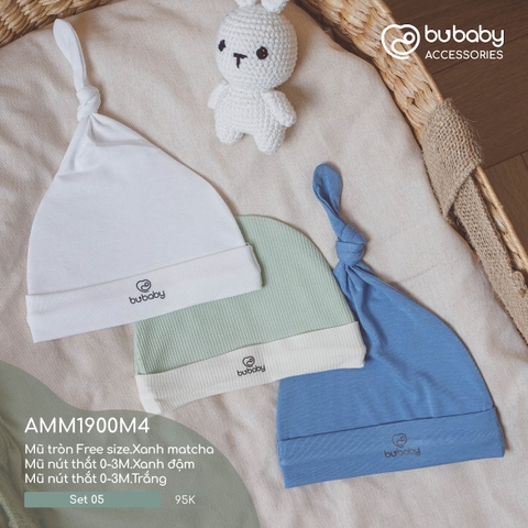 BU - Set 05 - Mũ tròn Free size.Xanh matcha | Mũ nút thắt 0 - 3M.Xanh đậm | Mũ nút thắt 0 - 3M.Trắng - MIX|Mix màu - Mix chất liệu - Mix size - AMM1900M4 - SS24.T3A