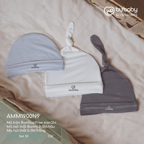 BU - Set 20 - Mũ tròn Bambus Free size.Ghi | Mũ nút thắt Bunny 0 - 3M.Nâu | Mũ nút thắt 0 - 3M.Trắng - MIX|Mix màu - Mix chất liệu - Mix size - AMM1900N9 - SS24.T3A