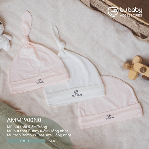 BU - Set 11 - Mũ tròn Bambus Free size.Hồng nhạt | Mũ nút thắt Bunny 0 - 3M.Hồng nhạt | Mũ nút thắt 0 - 3M.Trắng - MIX|Mix màu - Mix chất liệu - Mix size - AMM1900N0 - SS24.T3A