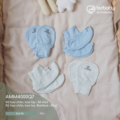 BU - Set 06 - Bộ bao chân, bao tay  Bambus - Blue | Bộ bao chân, bao tay - Kẻ mint - MIX|Mix màu - Mix chất liệu - Free size - AMM4000Q7 - SS24.T3A