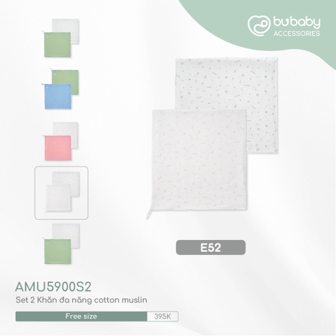 BU - Khăn quấn đa năng Set 2 Muslin - E52|Trắng in Bubaby hồng - Trắng in Bubaby ghi - Free size - Muslin - AMU5900S2 - SS24.T3B