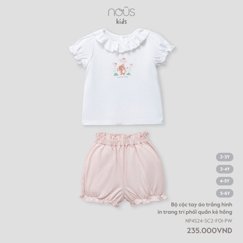 NOUS S30 - Bộ cộc tay áo trắng hình in trang trí phối quần kẻ hồng 3Y - SS24.T4A