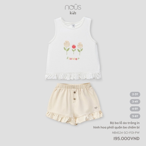 NOUS S30 - Bộ ba lỗ áo trắng in hình hoa phối quần be chấm bi - .quần be chấm bi - 2-3Y