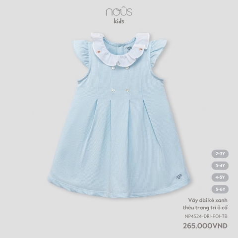 NOUS S30 - Váy dài kẻ xanh thêu trang trí ở cổ 3Y - SS24.T4A