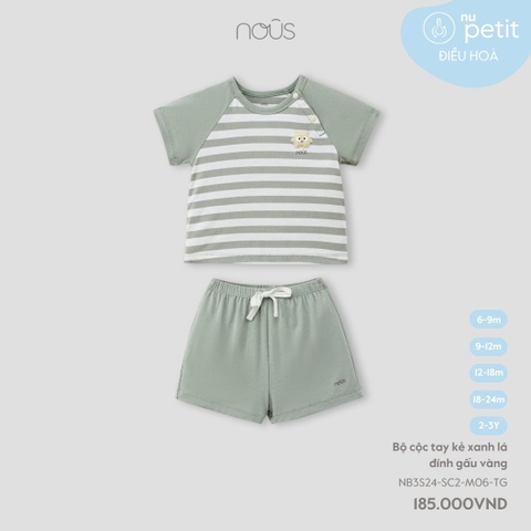 NOUS - Bộ cộc tay kẻ xanh lá đính gấu vàng - Nu Petit - 18M - SS24.T5A - Bộ cộc tay kẻ xanh lá đính gấu vàng - .á đính gấu vàng - 18-24M