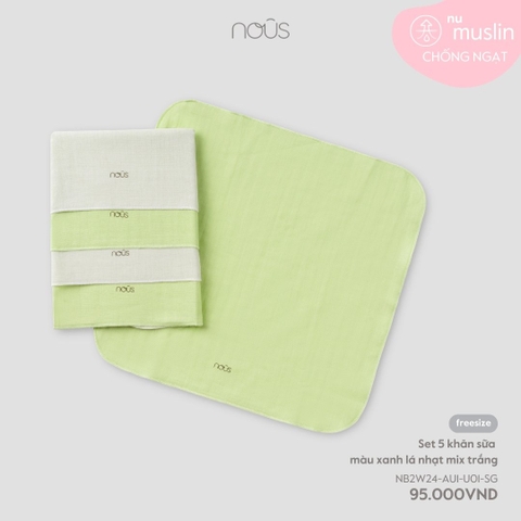 NOUS - Set 5 khăn sữa màu xanh lá nhạt mix trắng - Nu Muslin - FS - SS24.T7A