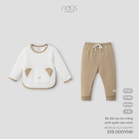 NOUS - Bộ dài tay áo trắng phối quần nâu nhạt - 9M - SS24.T7B - Bộ dài tay áo trắng phối quần nâu nhạt - .i quần nâu nhạt - 9-12M - YY