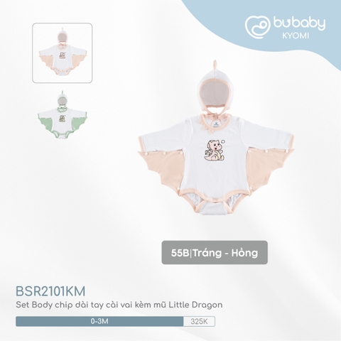 BU - Set Body chip dài tay cài vai kèm mũ Little Dragon - Trắng - Hồng - 0-3M - SS24.T8A