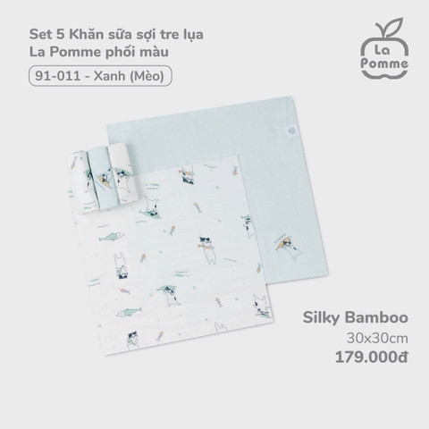 LP - Set 5 Khăn sữa sợi tre lụa La Pomme phối màu (30x30cm) - Xanh (Mèo) - SS24.T8B