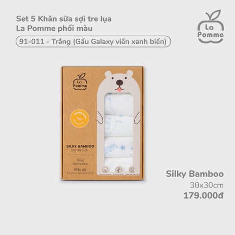 LP - Set 5 Khăn sữa sợi tre lụa La Pomme phối màu (30x30cm) - Trắng (Gấu Galaxy viền xanh biển) - SS24.T8B