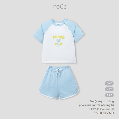 NOUS - Bộ cộc tay áo trắng phối xanh da trời in trang trí - Nu Petit - 4Y - SS24.T9A - Bộ cộc tay áo trắng phối xanh da trời in trang trí - a trời in trang trí - 4-5Y
