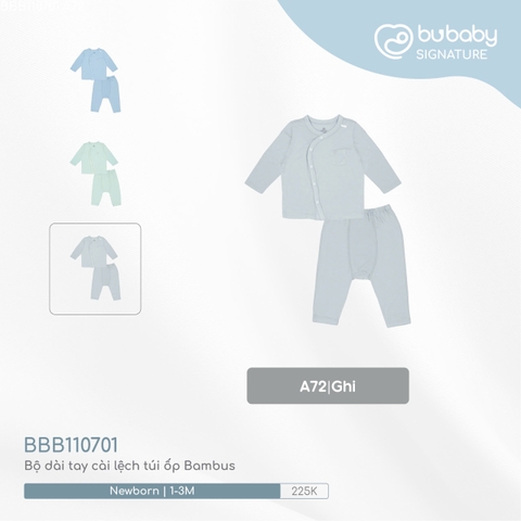 BU S10 - Bộ dài tay cài lệch túi ốp Bambus - BBB110701 - Ghi - Newborn - SS24.T9A
