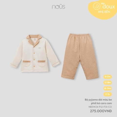 NOUS S30 - Bộ pijama dài màu be phối kẻ caro cam 9M