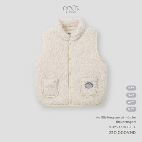 NOUS:-:Áo:gile:lông:cao:cổ:màu:be:thêu:trang:trí:-:4-5Y:-:SS24.T10A
