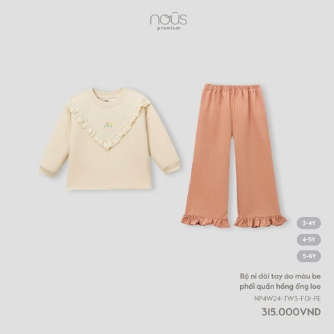 NOUS - Bộ nỉ dài tay áo màu be phối quần hồng ống loe - 5-6Y - SS24.T10B