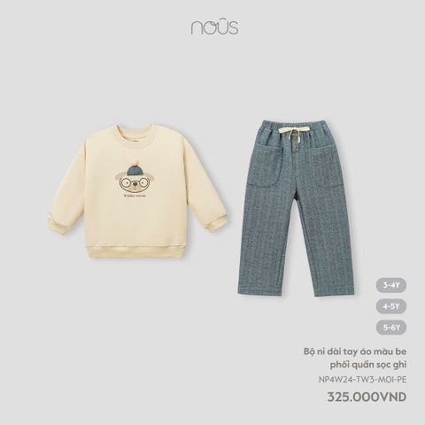 NOUS - Bộ nỉ dài tay áo màu be phối quần sọc ghi - 3-4Y - SS24.T10A