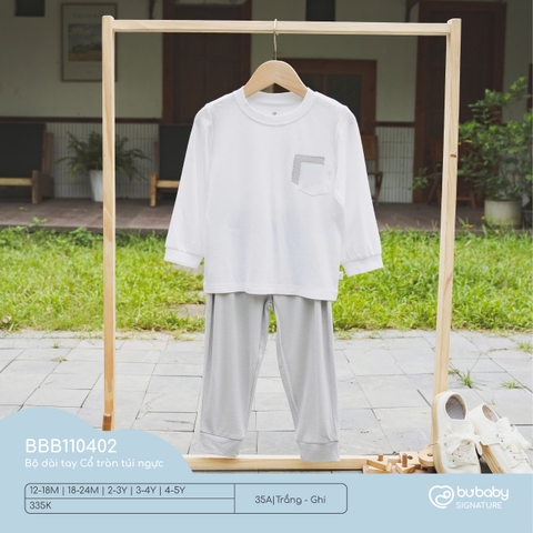 BU ĐÂY - Bộ dài tay Cổ tròn túi ngực - Trắng - Ghi - 3-4Y