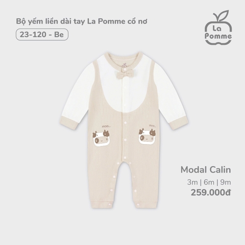 LP S20 - Bộ yếm liền dài tay La Pomme cổ nơ - Be - 6-9M - SS24.T10B
