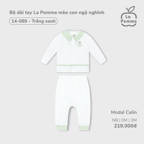 LP S10 - Bộ dài tay La Pomme mèo con ngộ nghĩnh - Trắng xanh - Newborn - SS24.T10B