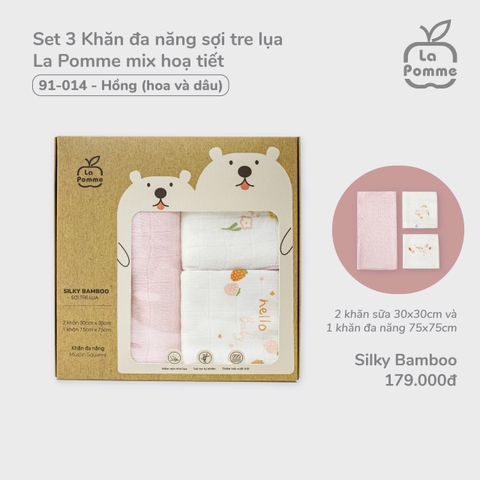 LP - Set 3 Khăn đa năng sợi tre lụa La Pomme mix hoạ tiết - Hồng (Hoa và Dâu) - SS24.T11A