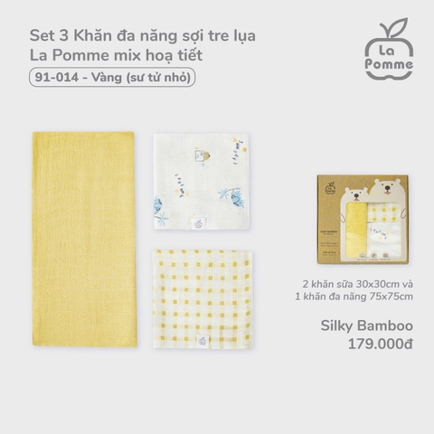 LP - Set 3 Khăn đa năng sợi tre lụa La Pomme mix hoạ tiết - Vàng (Sư tử nhỏ) - SS24.T11A