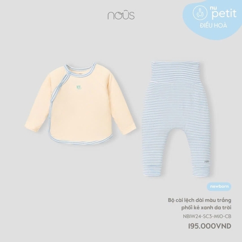 NOUS - Bộ cài lệch dài màu trắng phối kẻ xanh da trời NB - Nu Petit - NB - SS24.11B