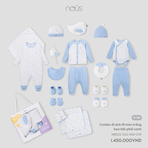NOUS - Combo đi sinh 19 món trắng họa tiết phối xanh NB - Nu Petit/ Nu Muslin - SS25.T2A
