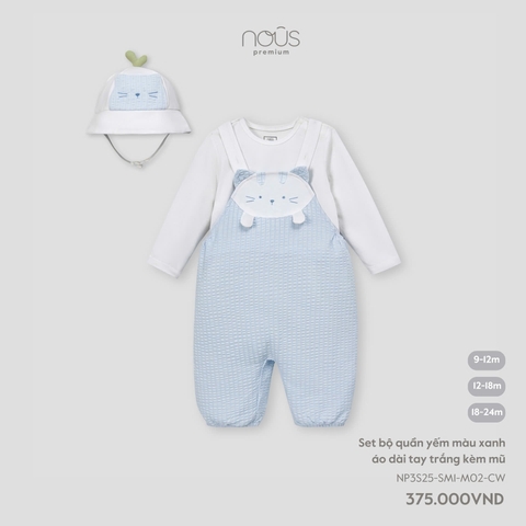 NOUS - Set bộ quần yếm màu xanh áo dài tay trắng kèm mũ - 18-24M - SS25.T3B