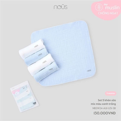 NOUS S15 - Set 5 khăn sữa mix màu xanh trắng - SS25.T5B