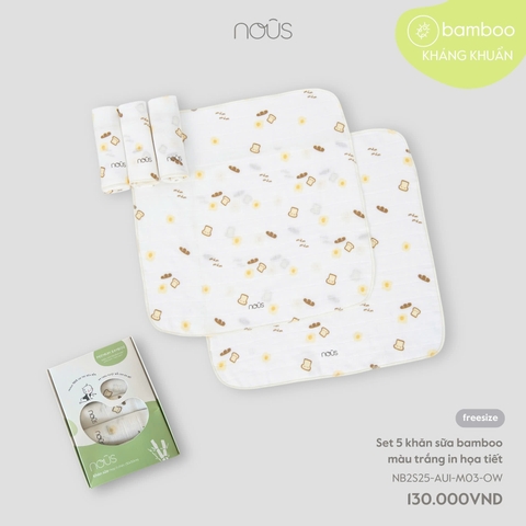 NOUS S15 - Set 5 khăn sữa bamboo màu trắng in họa tiết - SS25.T5B
