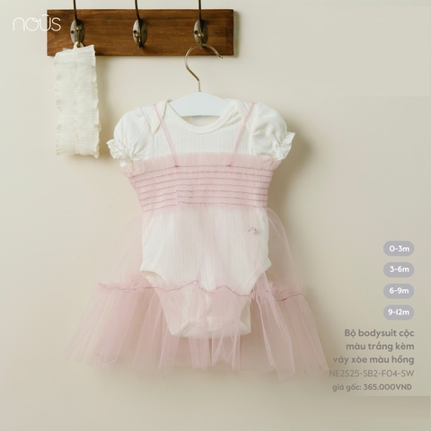 NOUS NP25 - Bộ Body cộc màu trắng kèm váy xòe màu hồng - 6M - SS25.T6B