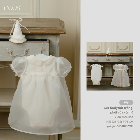 NOUS S25 NP25 - Set Body trắng phối váy và mũ kiểu màu be - SS25.T6B