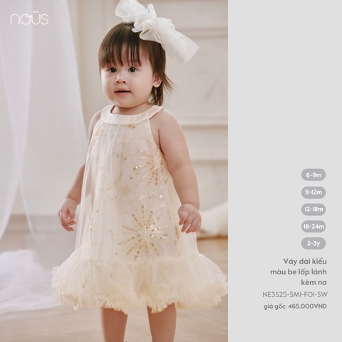 NOUS Z25 - Váy dài kiểu màu be lấp lánh kèm nơ - 9-12M - SS25.T6B