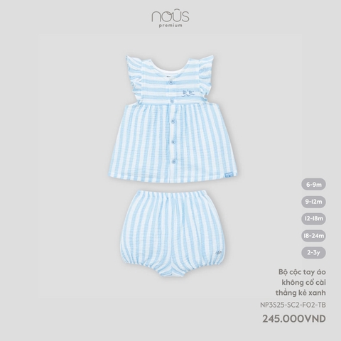 NOUS - Bộ cộc tay áo không cổ cài thẳng kẻ xanh - 6M - SS25.T6B