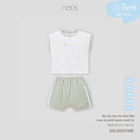 NOUS - Bộ cộc tay áo chui đầu màu be phối quần xanh lá - 6M - SS25.T6B