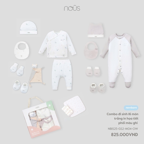 NOUS - Combo đi sinh 16 món trắng in họa tiết phối màu ghi  - SS25.T6C