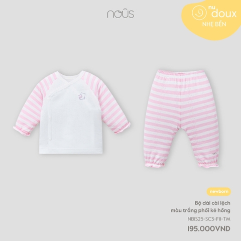 NOUS - Bộ dài cài lệch màu trắng phối kẻ hồng  - SS25.T7A