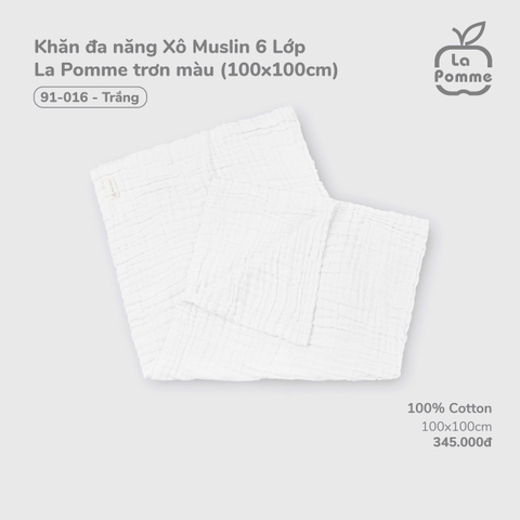 LP - Khăn đa năng Xô Muslin 6 Lớp La Pomme trơn màu (100x100cm) - Trắng - SS25.T7B