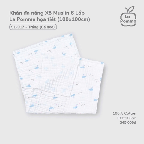 LP - Khăn đa năng Xô Muslin 6 Lớp La Pomme họa tiết (100x100cm) - Trắng (Cá heo) - SS25.T7B