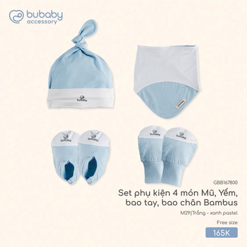 BU - Set phụ kiện 4 món Mũ, Yếm, bao tay, bao chân Bambus - Trắng - xanh pastel - SS25.T7C