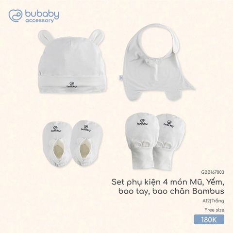 BU - Set phụ kiện 4 món Mũ, Yếm, bao tay, bao chân Bambus - Trắng - SS25.T7C