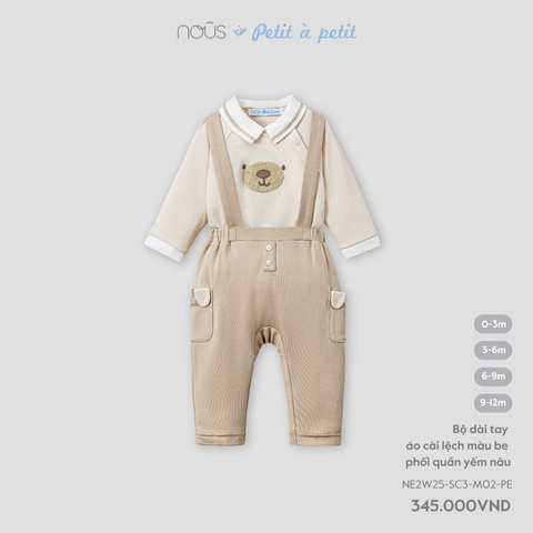 NOUS - Bộ dài tay áo cài lệch màu be phối quần yếm nâu - 0-3M - SS25.T8A